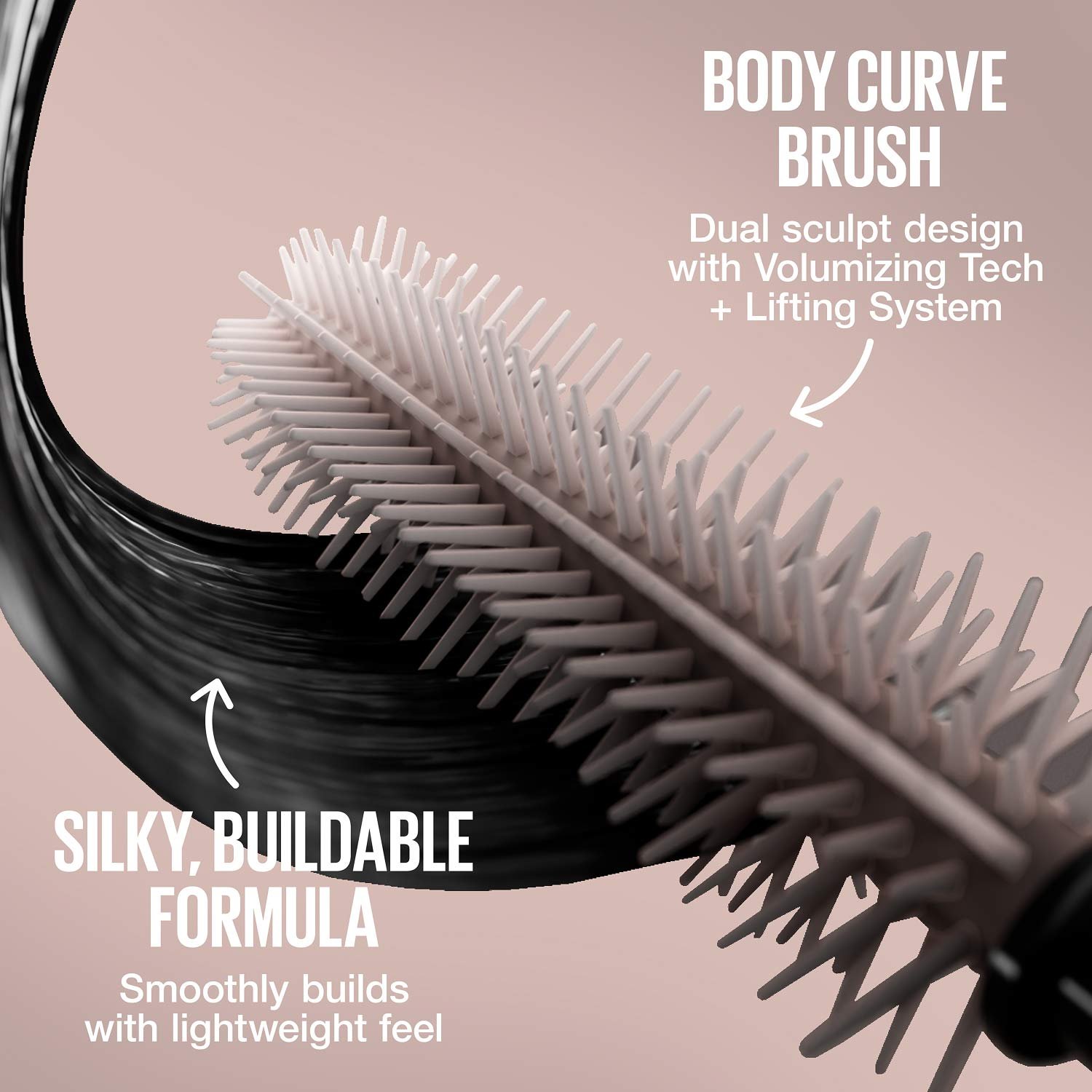 Ein Nahaufnahmebild einer Sanduhr-förmigen Mascarabürste der Lash Sensational Body Mascara Waterproof mit schwarzer Tusche.