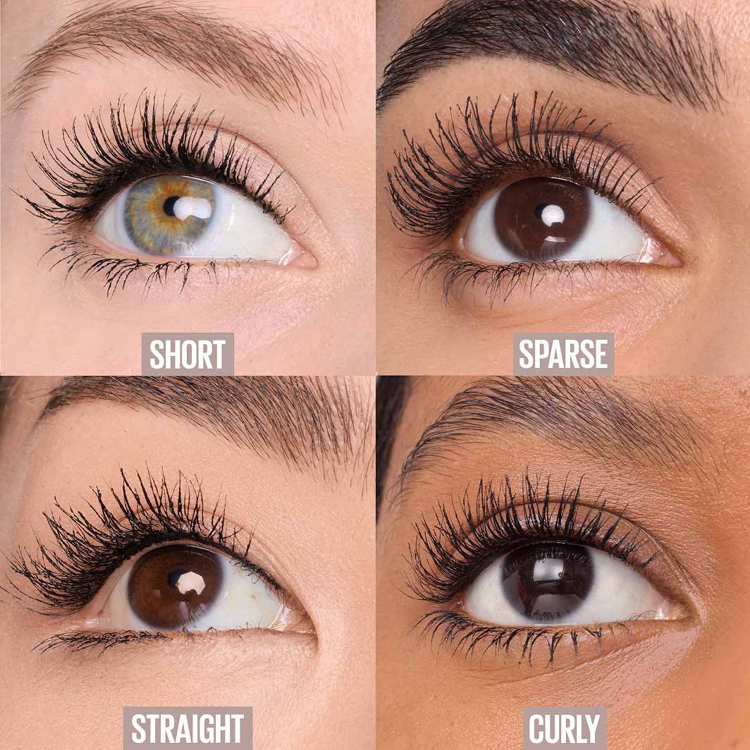 Collage mit sechs Vorher-Nachher-Vergleichen, die die Wirkung der Lash Sensational Body Mascara Waterproof auf verschiedene Wimperntypen zeigt.