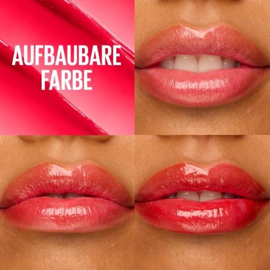 Drei Fotos veranschaulichen die aufbaubare Farbintensität durch mehrfaches Auftragen des Produkts auf den Lippen.