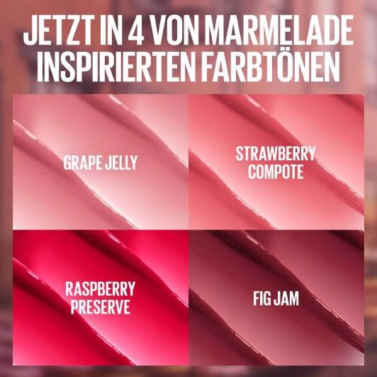 Vier Farbkacheln der neuen, von Marmelade inspirierten Farbtöne Grape Jelly, Strawberry Compote, Raspberry Preserve und Fig Jam